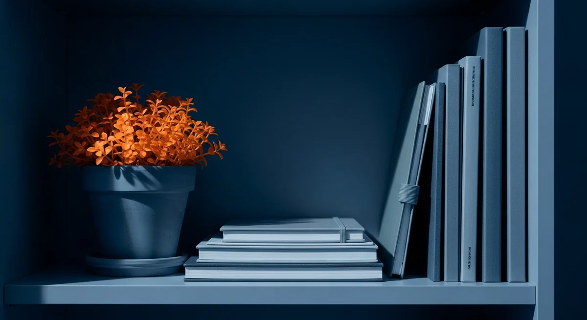 A duotone image of a tidy shelf with a potted plant and organized items, symbolizing strategic adaptation and green solutions.