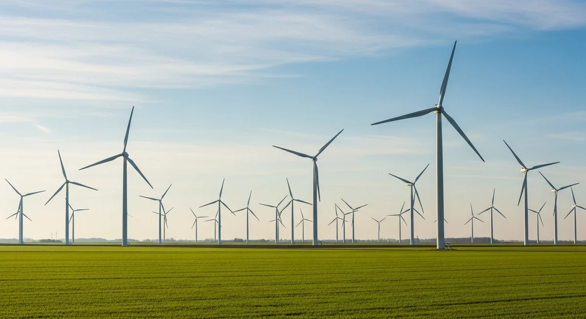 A vast green field with an organized arrangement of wind turbines under a clear sky, symbolizing the specialized and structured nature of judicial organization.