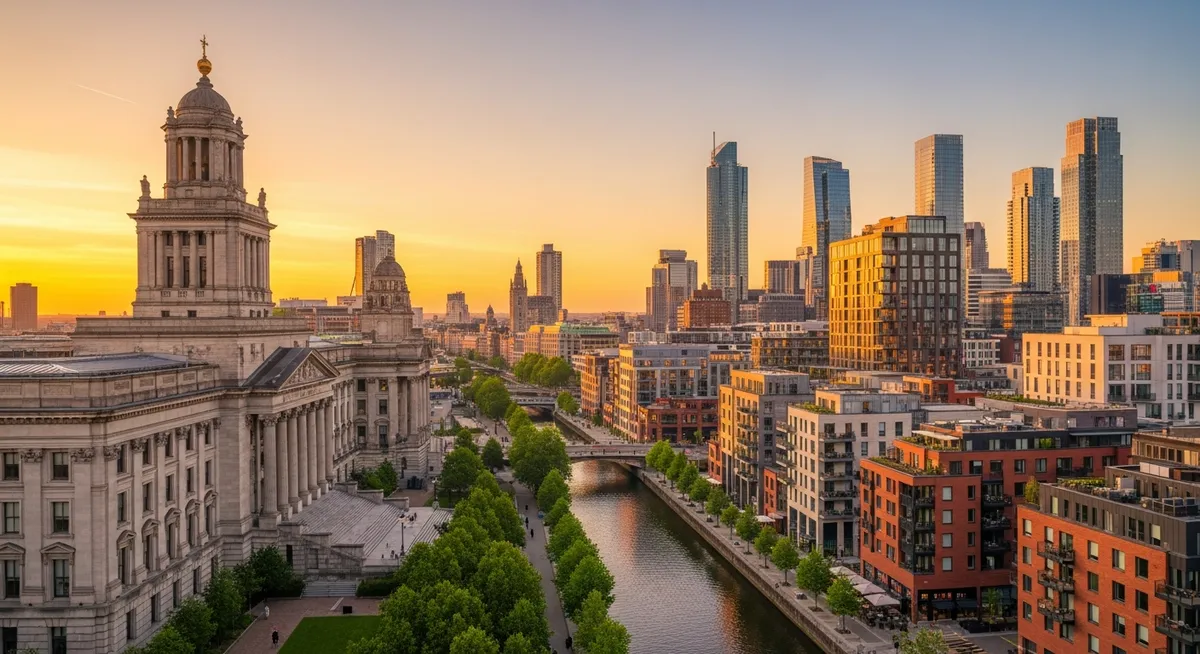 A modern city skyline at golden hour, subtly divided into two distinct architectural zones, representing the public and private branches of law.