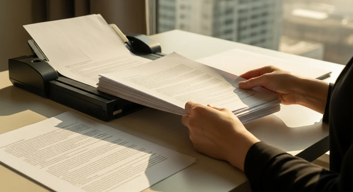 A person's hands carefully organizing official documents on a table, with a blurred city skyline in the background.