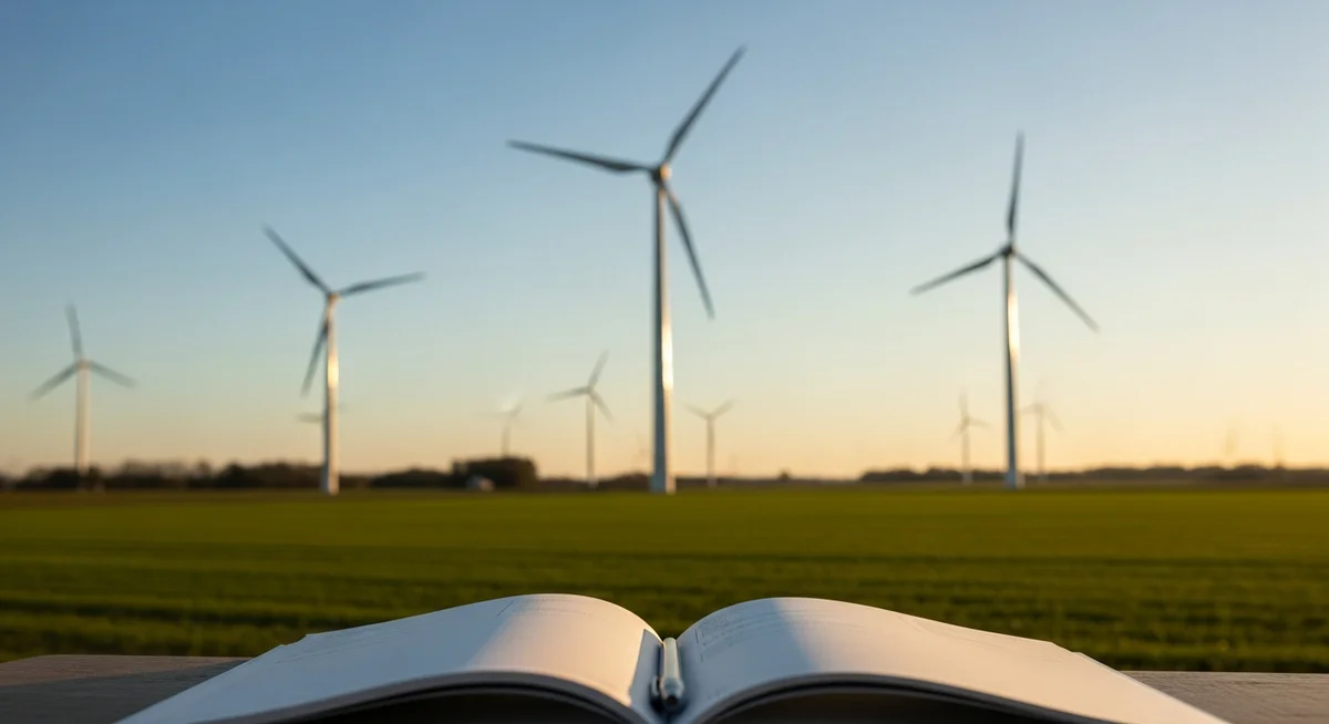A serene view of an open notebook with blurred wind turbines in a green field under a warm sky, symbolizing business growth.