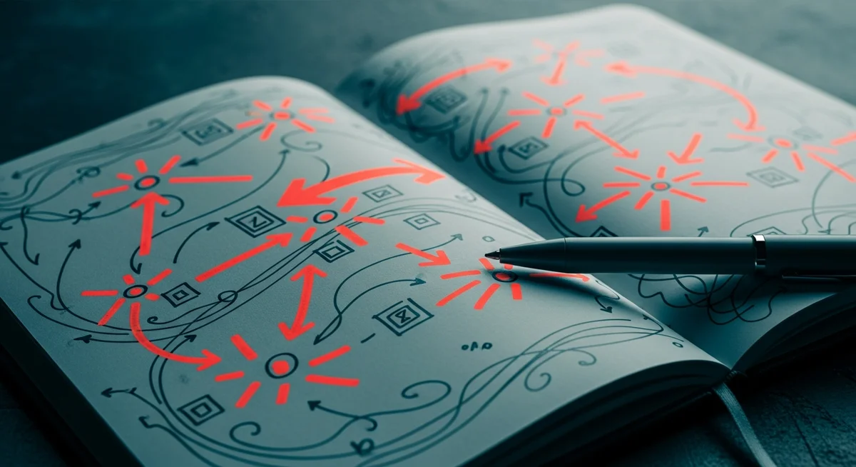 A duotone illustration of an open planner with handwritten notes, symbolizing financial choices and limited resources.