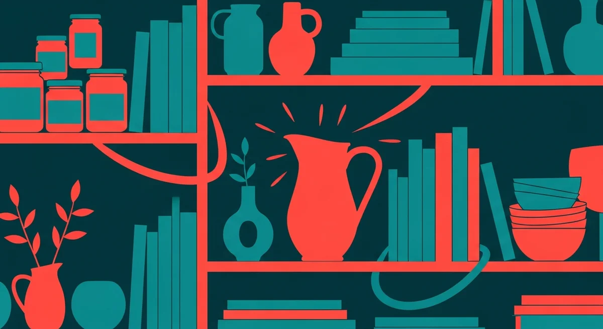 A duotone illustration of a neatly organized shelf with various items, symbolizing the interconnected parts of a macroeconomy.