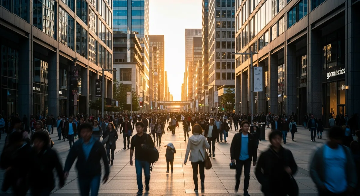 A busy city street with many pedestrians at golden hour.