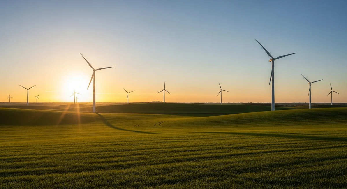 Wind turbines in a green field at sunset.