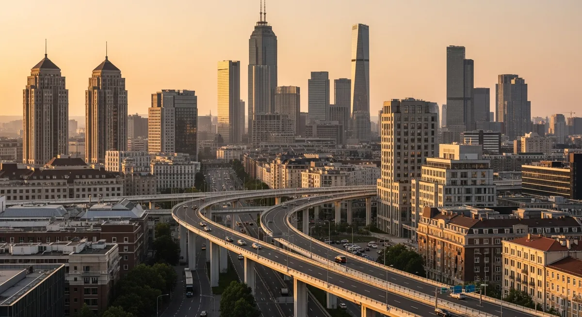An atmospheric photograph of a modern city at golden hour, showing diverse architecture and interconnected bridges and roads, symbolizing global trade and economic policy.