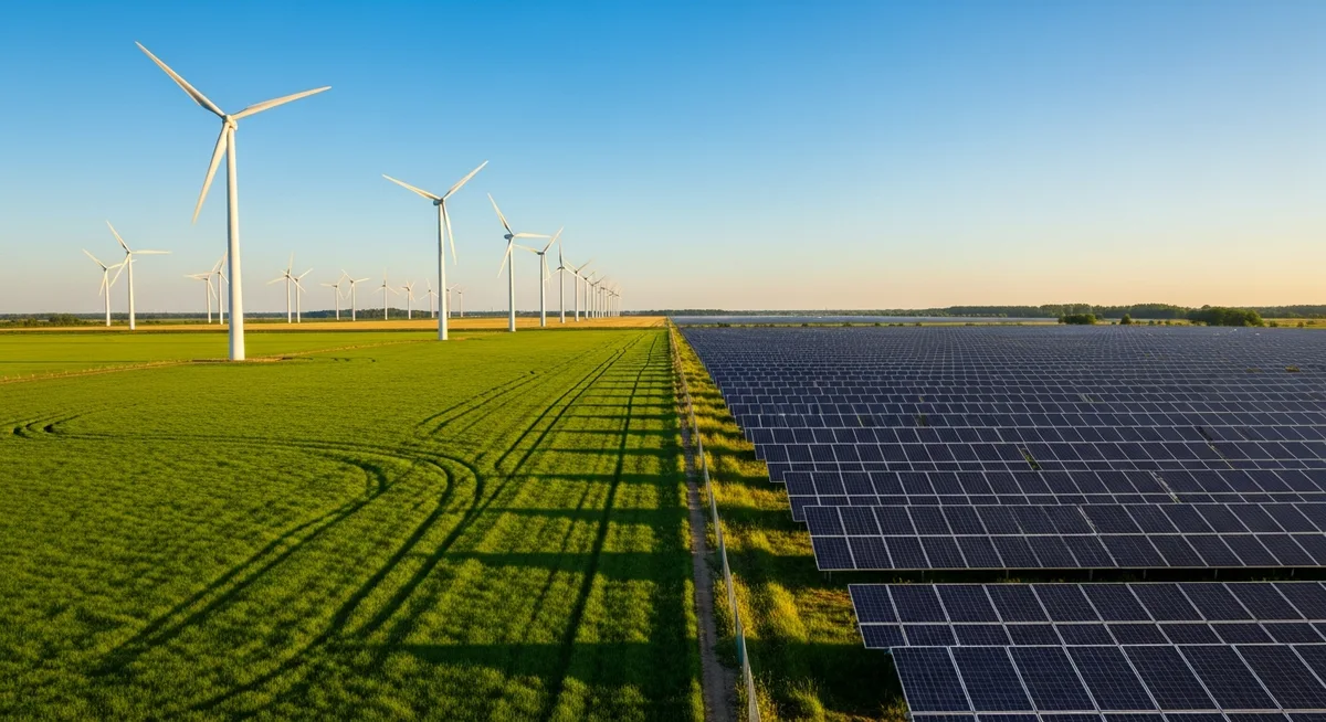A panoramic view seamlessly transitioning from a field of modern wind turbines in a green landscape to a field of sleek solar panels under a clear blue sky, illustrating diverse economic models.