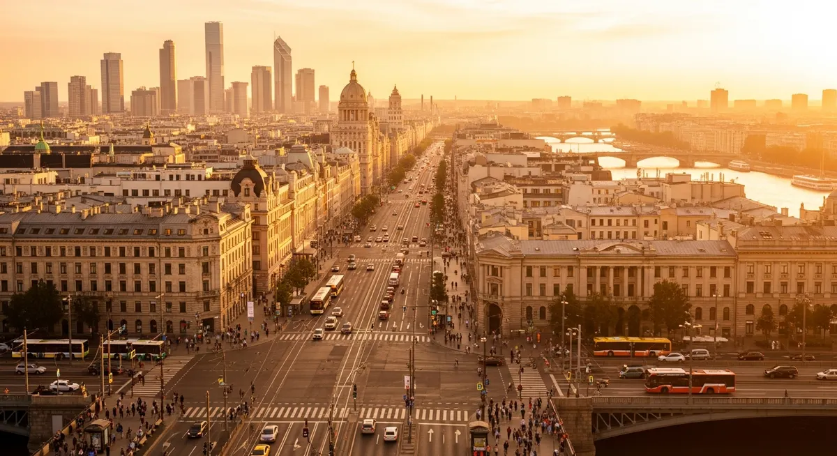 An aerial view of a vibrant modern city skyline at golden hour, with warm sunlight illuminating interconnected buildings and busy streets, conveying a sense of organized, large-scale economic activity.