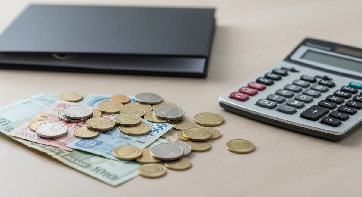 Close-up of banknotes and coins on a light wooden table, with a closed folder and calculator, bathed in natural daylight.