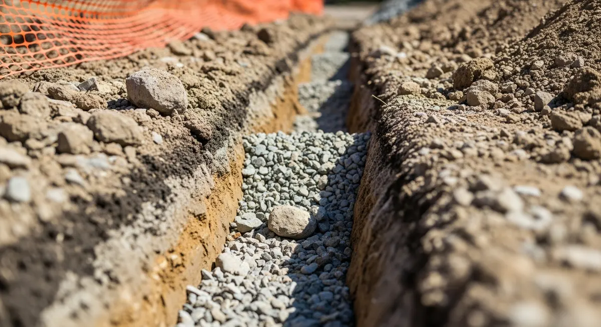 A close-up view of freshly dug utility trenching at a construction site.