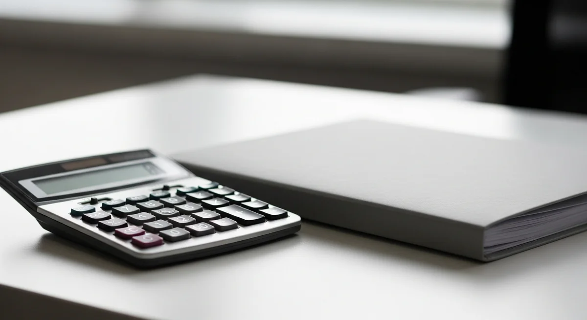 A silver calculator and a closed grey folder on a light-coloured desk.
