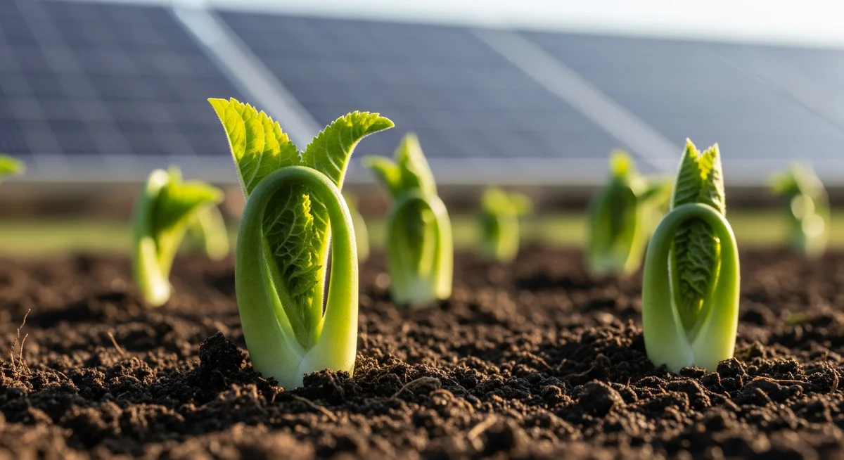 A close-up of healthy green plant growth in rich soil, with a blurred background showing a solar panel or wind turbine.