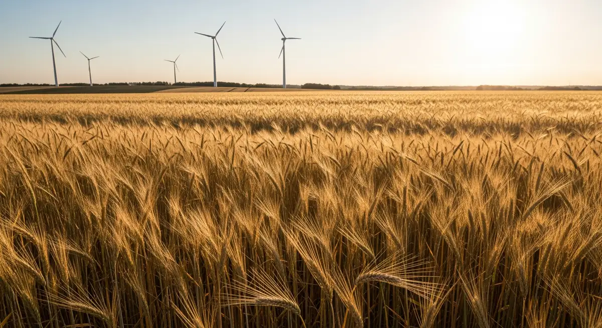 A vast field of golden grain under warm, setting sunlight, with a few modern wind turbines visible on the distant horizon.