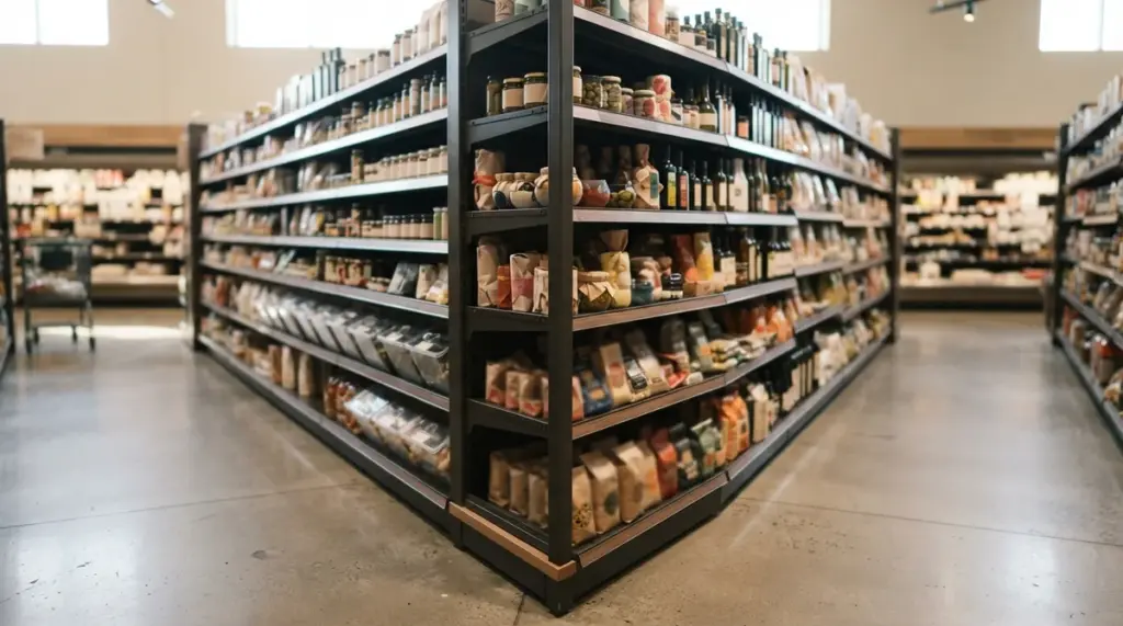 A shallow depth of field view inside a supermarket aisle, focusing on the junction of two rows of shelved goods