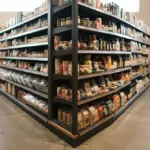 A shallow depth of field view inside a supermarket aisle, focusing on the junction of two rows of shelved goods