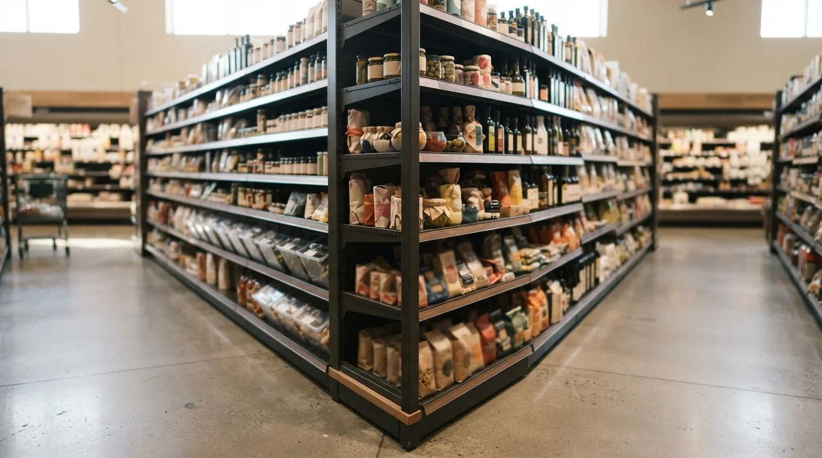 A shallow depth of field view inside a supermarket aisle, focusing on the junction of two rows of shelved goods