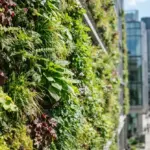 A large, lush green wall covers a modern urban building facade, observed in natural full daylight