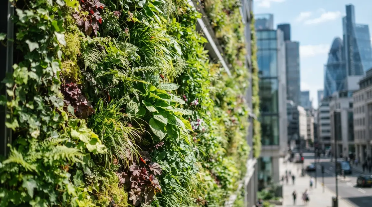 A large, lush green wall covers a modern urban building facade, observed in natural full daylight