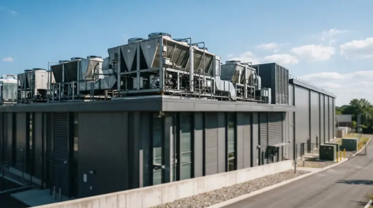 Industrial HVAC chillers mounted on the flat roof of a modern dark gray building under a blue sky