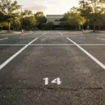 A pristine, empty asphalt parking space clearly marked with white lines in a well-maintained outdoor parking lot