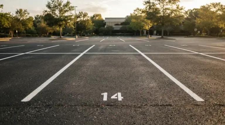 A pristine, empty asphalt parking space clearly marked with white lines in a well-maintained outdoor parking lot