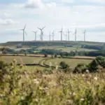 Wind turbines stand on a grassy ridge above rolling fields under a cloudy sky