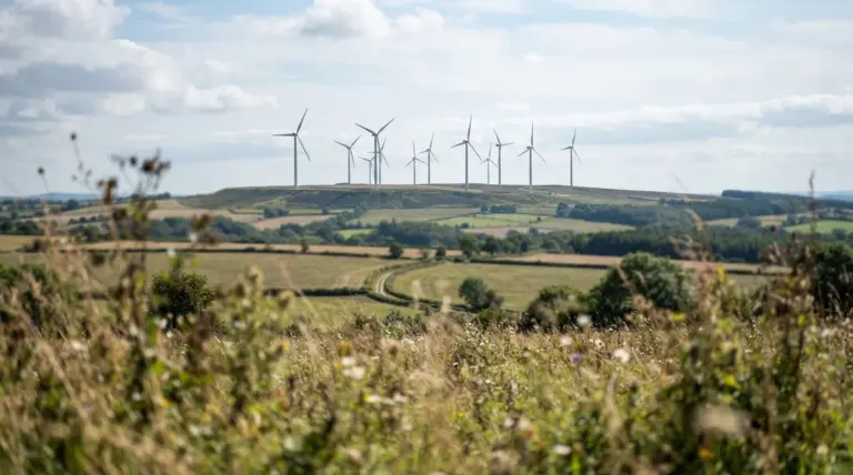 Wind turbines stand on a grassy ridge above rolling fields under a cloudy sky
