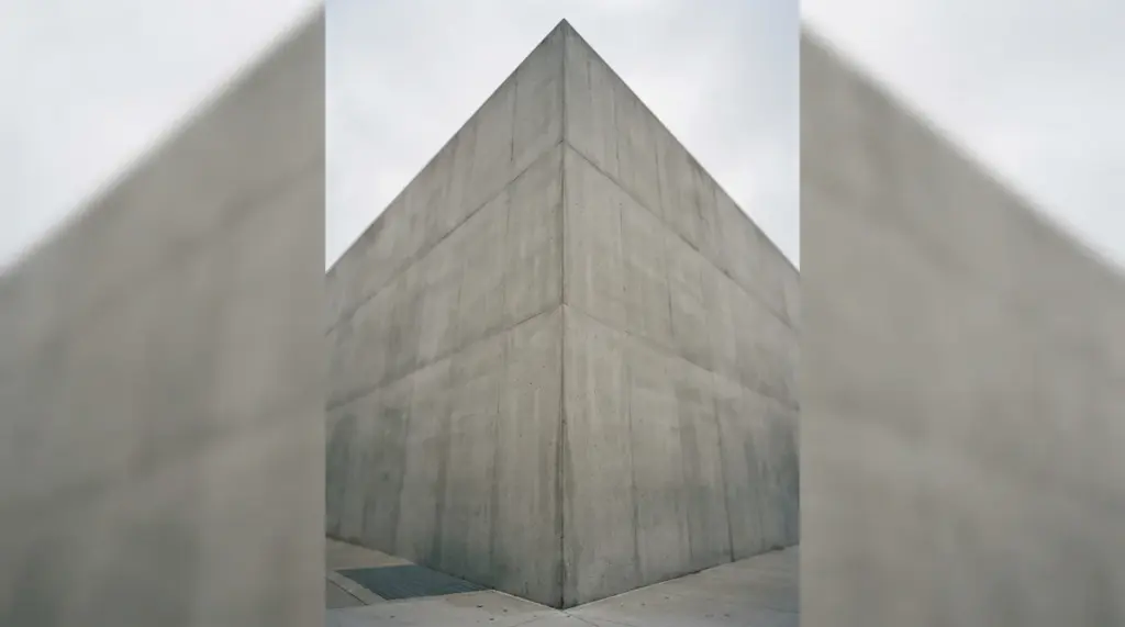 A monolithic concrete corner stands under an overcast sky