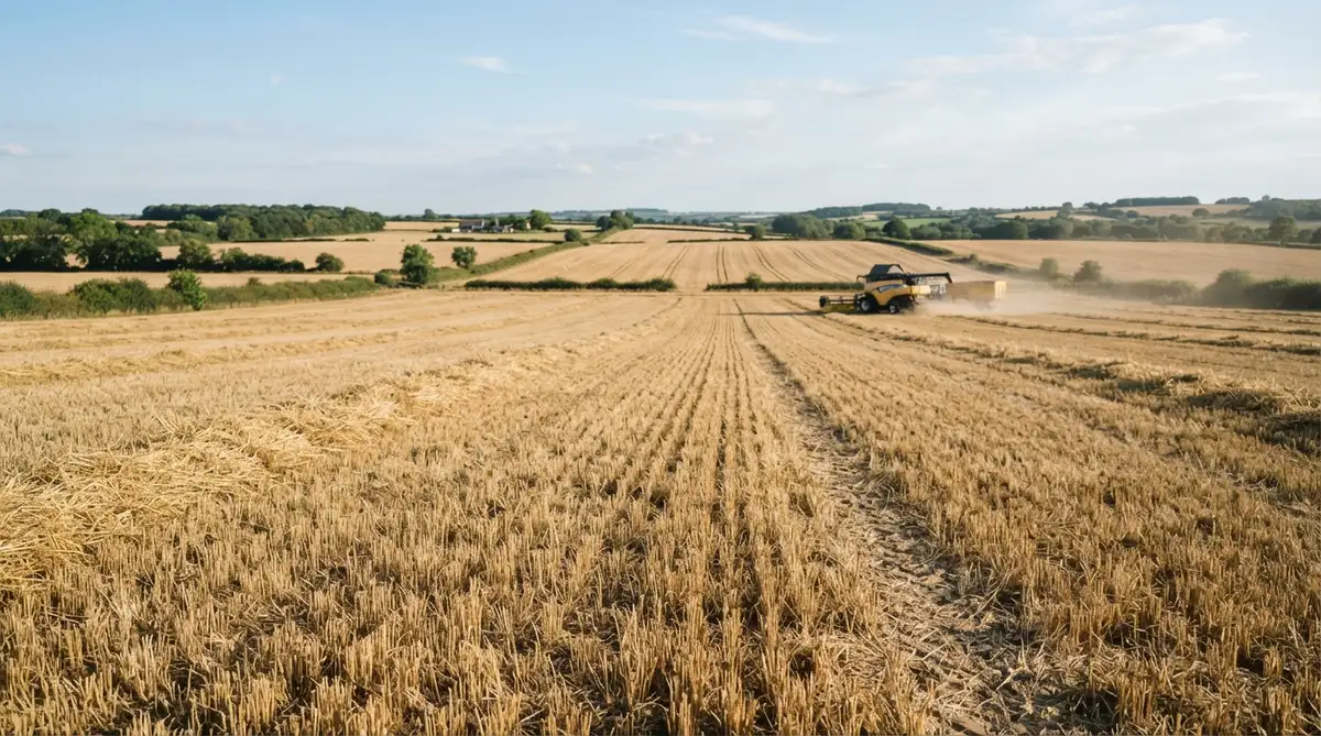 Vast, golden harvested cereal fields with a combine harvester visible in the distant background under a clear sky.