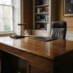 An empty, polished wooden desk sits prominently in a formal office, bathed in soft, natural daylight from a large window