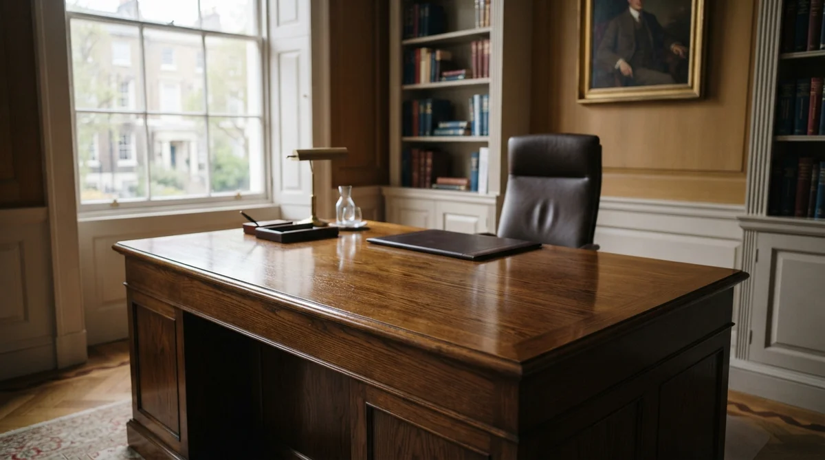An empty, polished wooden desk sits prominently in a formal office, bathed in soft, natural daylight from a large window