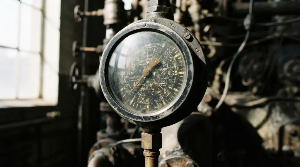 A close-up of a robust, industrial pressure gauge featuring a thick glass cover, a prominent metallic casing