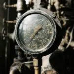 A close-up of a robust, industrial pressure gauge featuring a thick glass cover, a prominent metallic casing