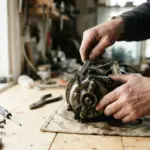 A person's hands carefully disassembling a worn but reusable mechanical part using simple hand tools on a plain