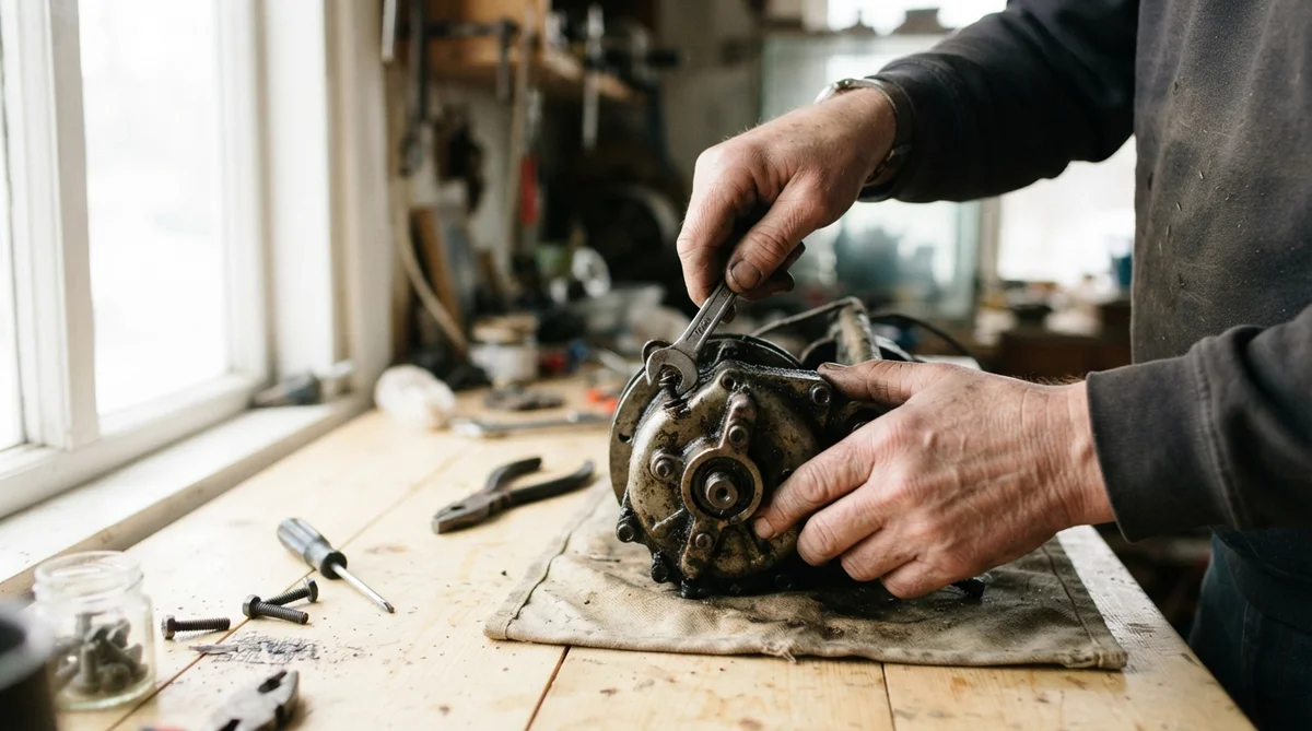 A person's hands carefully disassembling a worn but reusable mechanical part using simple hand tools on a plain