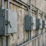 Multiple grey utility junction boxes mounted along an exterior concrete wall