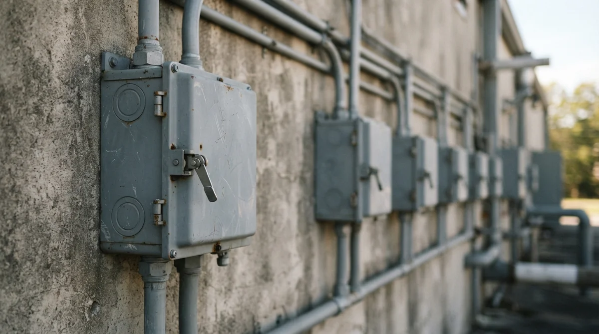 Multiple grey utility junction boxes mounted along an exterior concrete wall
