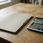 A plain financial calculator rests on a solid, matte wooden desk