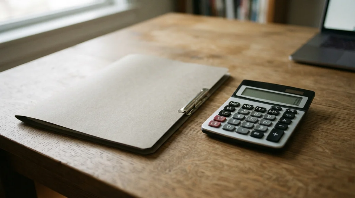A plain financial calculator rests on a solid, matte wooden desk