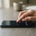 A person's hand, clean and natural, gently taps on the dark, reflective screen of a modern smartphone