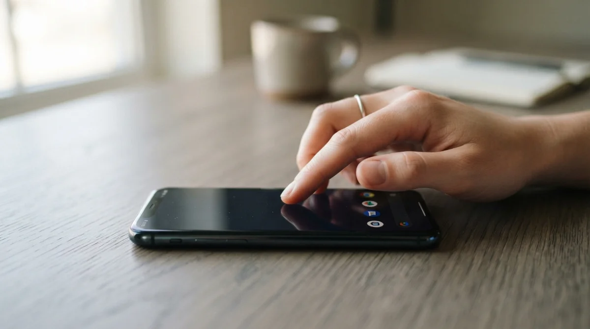 A person's hand, clean and natural, gently taps on the dark, reflective screen of a modern smartphone