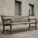 A sturdy, empty public bench, weathered wood and metal, placed soberly before a plain, institutional building facade