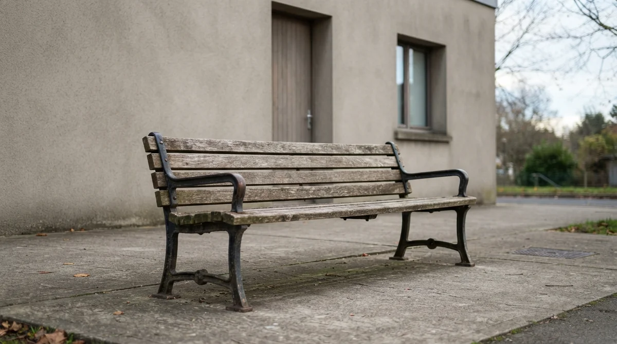 A sturdy, empty public bench, weathered wood and metal, placed soberly before a plain, institutional building facade