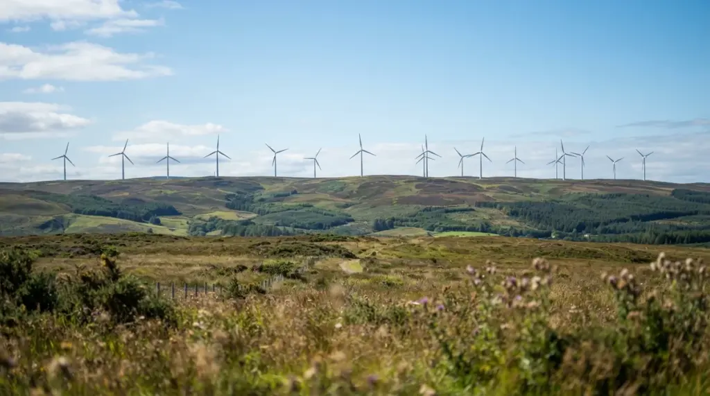 A line of modern wind turbines on a distant ridge, stretching across open, natural countryside under clear daylight