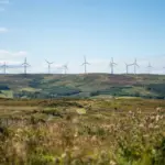 A line of modern wind turbines on a distant ridge, stretching across open, natural countryside under clear daylight