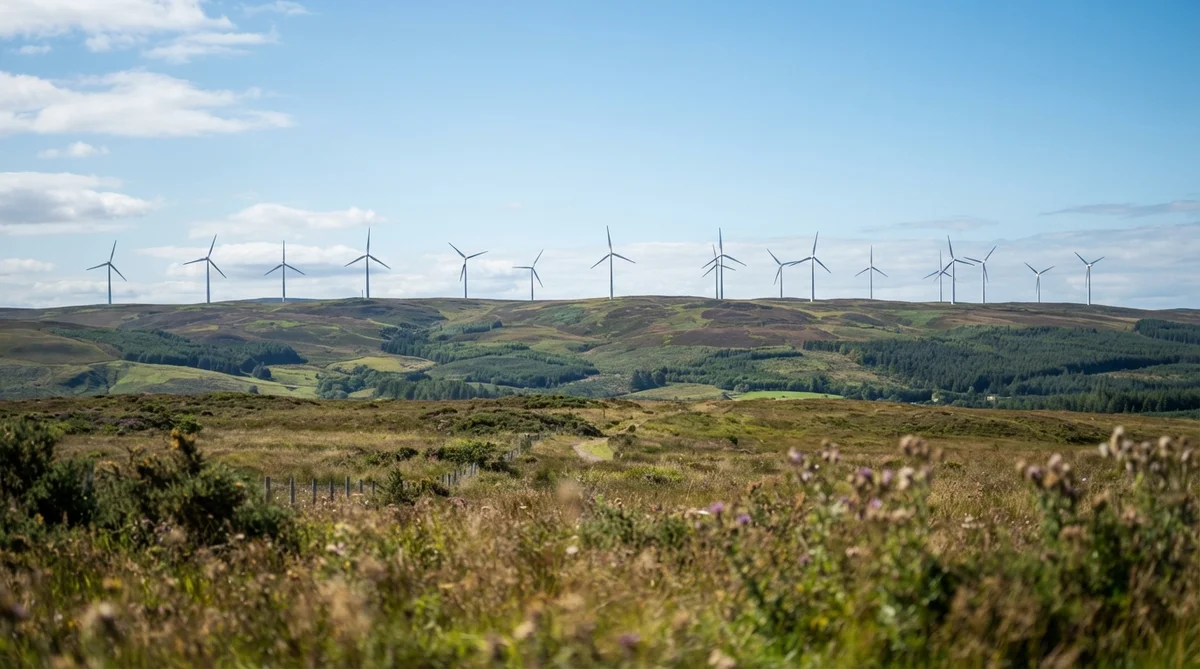 A line of modern wind turbines on a distant ridge, stretching across open, natural countryside under clear daylight