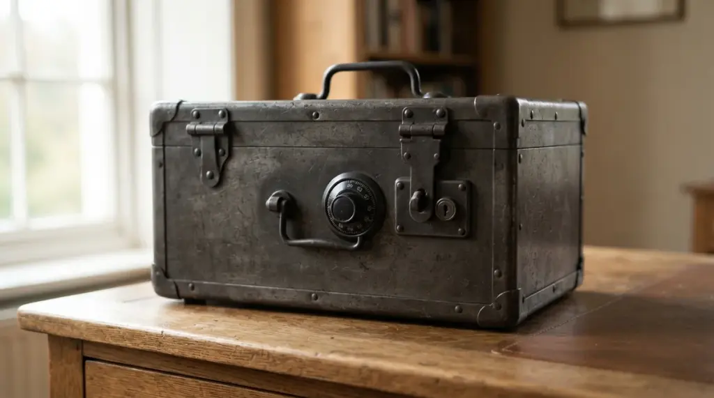 A heavy, dark-coloured metal strongbox, securely closed, sits prominently on a plain, sober wooden desk