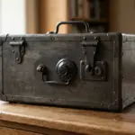 A heavy, dark-coloured metal strongbox, securely closed, sits prominently on a plain, sober wooden desk