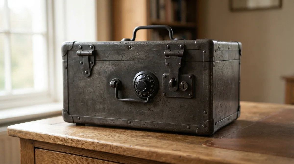A heavy, dark-coloured metal strongbox, securely closed, sits prominently on a plain, sober wooden desk